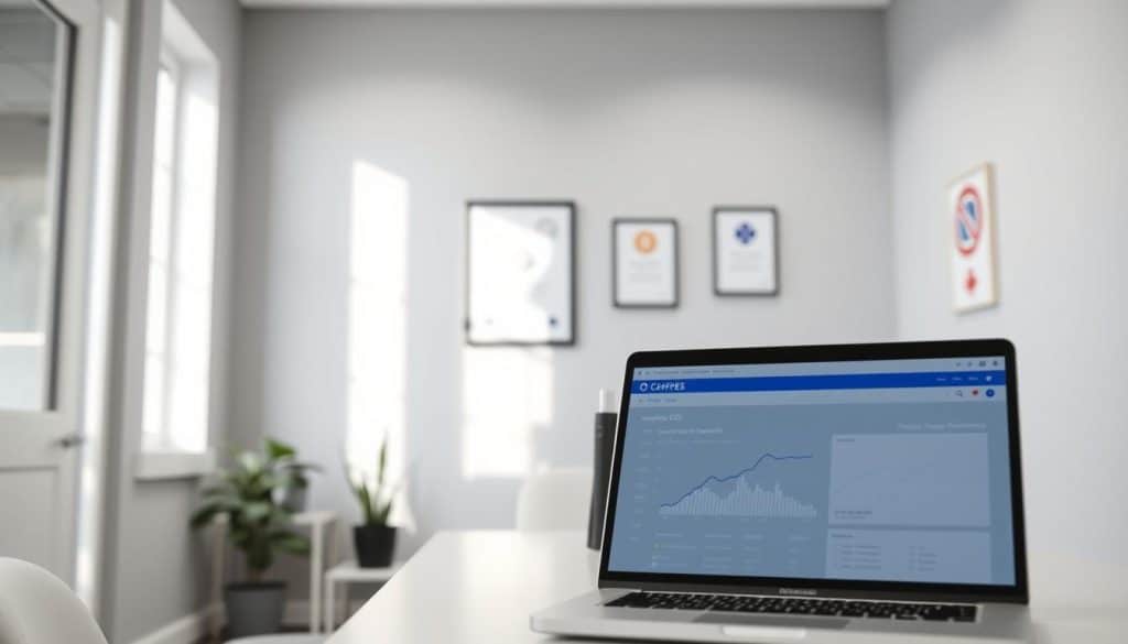 A serene, minimalist medical office interior with a focus on healthcare SEO strategy. The foreground features CRES' branded laptop displaying analytics and keyword research, while a gentle beam of natural light from the side window illuminates the workspace. In the middle ground, a clean, modern desk with a potted plant and a pen holder stands out against the soft gray walls. The background showcases medical-themed artwork and certificates, conveying professionalism and expertise. The overall atmosphere is one of focus, productivity, and a commitment to optimizing online visibility for healthcare clients.