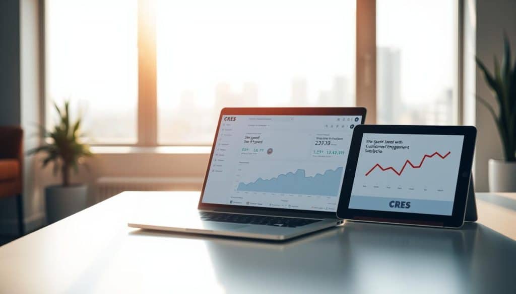 A serene, minimalist office setting, bathed in warm, natural lighting. In the foreground, a stylish laptop displays an analytics dashboard, showcasing site speed metrics and their impact on user experience. The middle ground features a CRES-branded tablet, its screen illustrating a visually compelling graph that correlates site speed with customer engagement and satisfaction. In the background, a tranquil view of a cityscape, hinting at the wider implications of optimized site performance on a business's digital presence and success.
