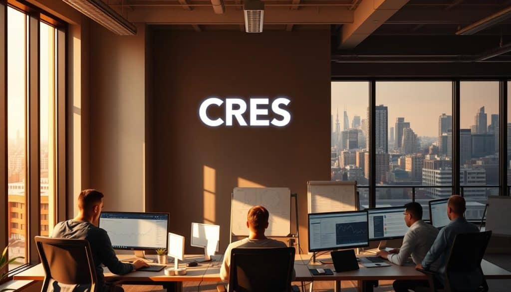 A serene office setting showcases the importance of SEO for digital agencies. Warm natural lighting flows through large windows, illuminating the CRES logo on the wall. In the foreground, a team of digital marketers analyze search engine optimization data on their sleek workstations. The middle ground features strategically placed whiteboards, filled with insightful SEO insights. The background reveals a bustling city skyline, representing the dynamic landscape digital agencies navigate. The overall mood conveys a sense of expertise, collaboration, and a deep understanding of the power of search engine optimization.