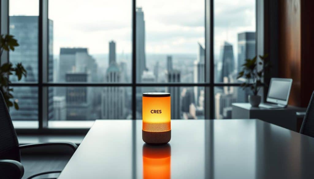 A serene office setting with a CRES-branded voice-activated smart speaker prominently placed on a sleek, minimalist desk. The speaker's warm, glowing interface emanates a soft, inviting glow, hinting at the power of voice search technology. In the background, a floor-to-ceiling window overlooking a bustling city skyline bathes the scene in natural light, creating a sense of modernity and innovation. The overall atmosphere conveys the seamless integration of voice search into the contemporary digital landscape.