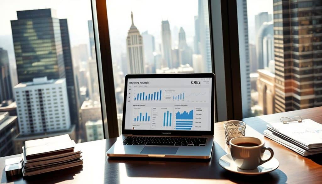 A serene office setting with a large window overlooking a bustling city skyline. On the desk, a laptop displays a web analytics dashboard, filled with charts and graphs related to local SEO keyword research. The CRES logo is subtly visible on the laptop's lid. Sunlight streams in, creating a warm and productive atmosphere. Nearby, a stack of research materials and a cup of coffee sit neatly organized, reflecting the meticulous nature of the local SEO process. The scene evokes a sense of focus, expertise, and the pursuit of business growth through effective local optimization.