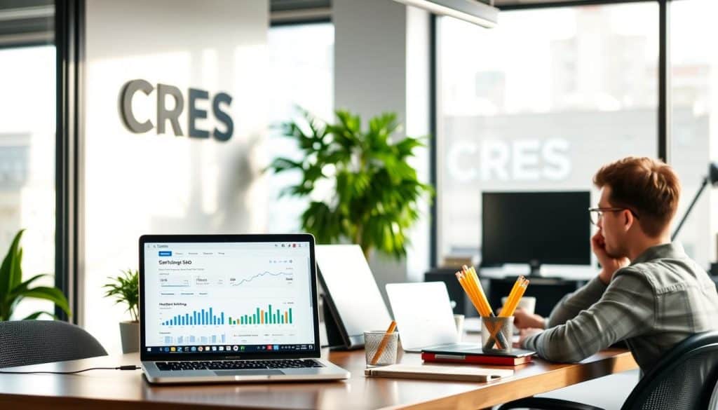 A serene office workspace with the CRES logo prominently displayed on the wall, showcasing the benefits of SEO for small businesses. In the foreground, a laptop displays analytics and search engine rankings, while a small business owner sits thoughtfully. The middle ground features a vibrant plant and strategically placed office supplies, conveying a sense of productivity and growth. The background is softly blurred, with natural lighting streaming through large windows, creating a calm and professional atmosphere. The overall scene highlights how effective SEO can drive online visibility, lead generation, and business success for small enterprises.