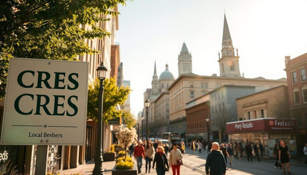 A serene, sun-dappled cityscape with a prominent CRES sign in the foreground, showcasing the local businesses and community. In the middle ground, pedestrians navigate bustling sidewalks and shop windows, highlighting the vibrant local economy. The background features iconic landmarks and architectural elements, conveying a sense of place and local identity. The lighting is warm and inviting, creating a welcoming atmosphere. The composition emphasizes the harmony between traditional and modern elements, reflecting the balance of local SEO optimization.