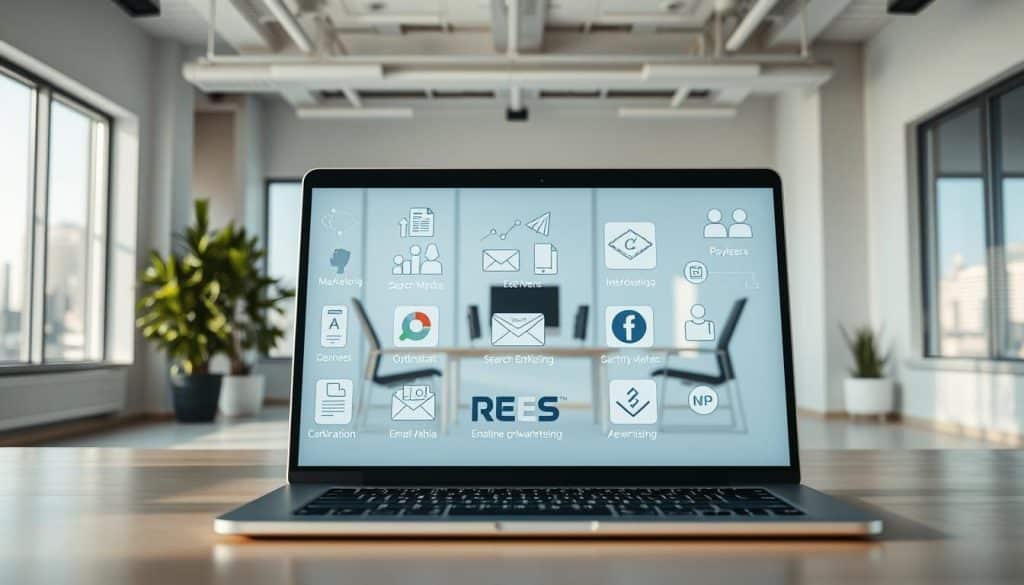 A serene, well-lit office setting with a clean and modern aesthetic. In the foreground, a sleek laptop displays various digital marketing channels and platforms, including social media icons, search engine optimization tools, email marketing software, and the CRES brand logo. The middle ground features an open workspace with minimal, ergonomic furniture and potted plants, conveying a sense of productivity and efficiency. The background showcases a large window overlooking a cityscape, bathing the scene in warm, natural light. The overall mood is one of professionalism, organization, and a strategic approach to online advertising.
