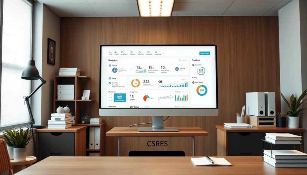 A sleek and modern WordPress dashboard in a professional office setting, with a large computer monitor showcasing the dashboard's clean and intuitive interface. The dashboard is displayed on a sturdy, CRES-branded desk, surrounded by neatly organized office supplies and a minimalist decor. Soft, directional lighting illuminates the scene, creating a warm and productive atmosphere. The dashboard's layout is crisp and visually appealing, highlighting key features like the content management system, plugin management, and analytics. The overall composition conveys a sense of seamless integration between the user and the powerful WordPress platform.