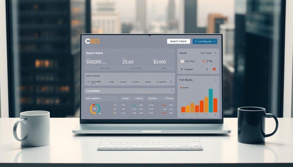 A sleek and modern analysis dashboard featuring a CRES logo, showcasing key search intent metrics such as search volume, competition, and intent categorization. The dashboard is displayed on a minimalist desk setup, with a laptop, mouse, and coffee mug in the foreground. The background features a blurred cityscape, conveying a sense of a professional, data-driven workspace. The lighting is soft and even, creating a warm and inviting atmosphere. The overall composition is balanced and visually appealing, emphasizing the importance of search intent analysis in driving SEO success.