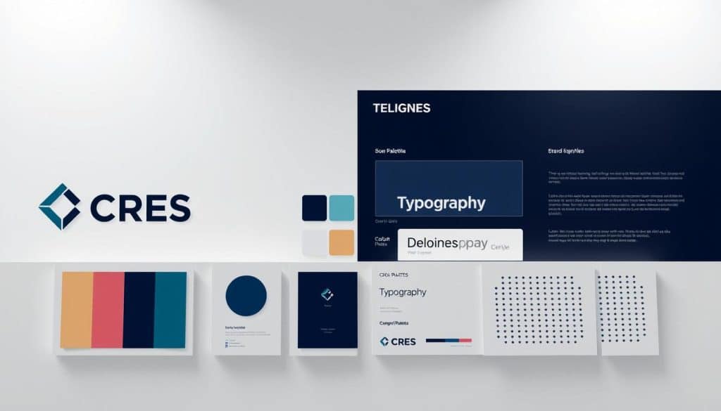 A sleek and modern brand identity composition showcasing the key elements of effective branding. In the foreground, a stylized "CRES" logo in a bold, geometric font stands out against a clean, minimalist backdrop. In the middle ground, various brand identity components are neatly arranged, including a color palette, typography samples, and a cohesive visual pattern. The background features soft, diffused lighting creating a sense of depth and professional elegance. The overall composition conveys a harmonious and visually striking representation of a comprehensive brand identity design.