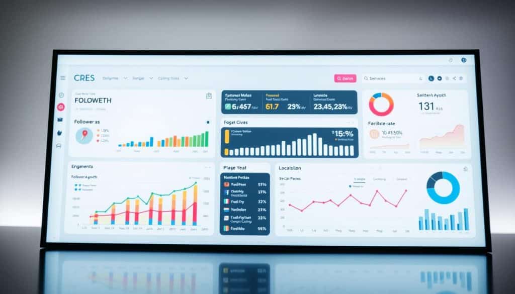 A sleek and modern dashboard display showcasing CRES's comprehensive social media analytics, with key metrics like follower growth, engagement rates, and sentiment analysis. The foreground features a smooth, minimalist interface with clean typography and intuitive icons. The middle ground has colorful charts, graphs, and data visualizations, representing the depth and breadth of insights. The background has a subtle grid pattern, suggesting the underlying data infrastructure that powers these analytical tools. The lighting is soft and even, creating a professional and trustworthy atmosphere. The camera angle is slightly elevated, conveying a sense of authority and oversight over the social media performance.