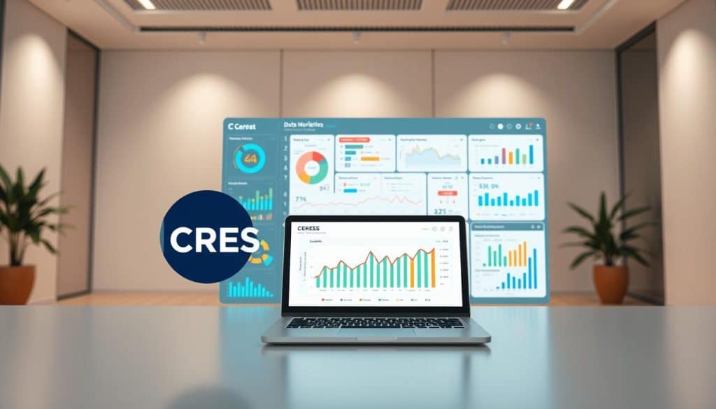 A sleek and modern data visualization dashboard featuring dynamic infographics, real-time analytics, and interactive charts. The foreground showcases a CRES logo against a backdrop of colorful data visualizations, with a focus on trends, insights, and actionable metrics. The middle ground depicts a laptop or tablet displaying the data-driven marketing strategy, surrounded by data points, graphs, and icons. The background is a minimalist office setting with clean lines, muted tones, and subtle geometric patterns, creating a professional and tech-forward atmosphere. The lighting is soft and even, highlighting the clarity and precision of the data-driven insights. The overall composition conveys a sense of focus, efficiency, and the power of data-driven decision making.