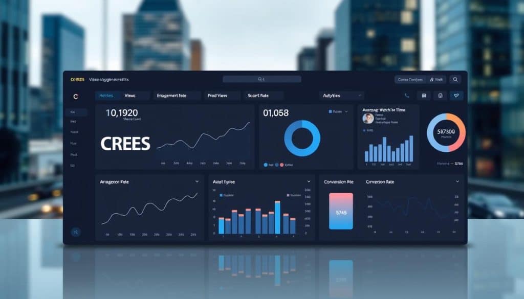 A sleek and modern data visualization dashboard showcasing key video engagement metrics. The foreground features a large CRES logo, with a minimalist user interface displaying various graphs, charts, and analytics. The middle ground shows a series of line charts, pie charts, and bar graphs depicting metrics like view count, engagement rate, average watch time, and conversion rate. The background has a blurred cityscape, conveying a sense of a professional, enterprise-level analytics platform. The overall style is clean, contemporary, and visually striking, with a cool color palette and precise attention to detail.