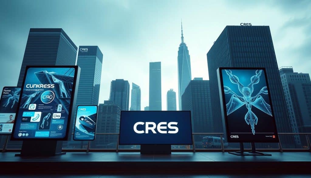 A sleek and modern display advertising campaign for the CRES brand. In the foreground, a series of dynamically designed digital ads showcase the company's products and services against a cool-toned backdrop. The middle ground features a minimalist, futuristic interface with clean typography and bold color schemes. In the background, a cityscape of towering skyscrapers and neon lights creates an urban, high-tech atmosphere. The lighting is crisp and directional, casting dramatic shadows and highlights to accentuate the campaign's sophisticated aesthetic. Captured through a wide-angle lens, the overall composition conveys a sense of scale, dynamism, and technological innovation.