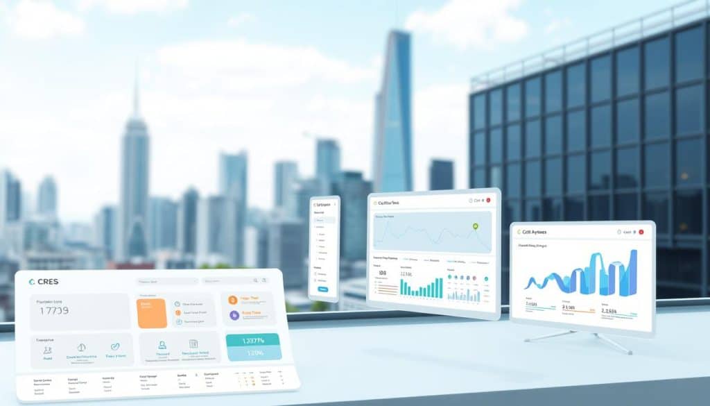 A sleek and modern graphic UI design interface featuring clean lines, minimalist icons, and a vibrant color palette. The foreground showcases a minimalist dashboard with customizable widgets and intuitive control panels. In the middle ground, a series of elegantly designed application windows with CRES branding showcases seamless transitions and user-friendly interactions. The background features a blurred cityscape with towering skyscrapers, hinting at the digital landscape in which this UI is designed to thrive. The overall composition conveys a sense of efficiency, sophistication, and the power of technology to enhance the user experience.