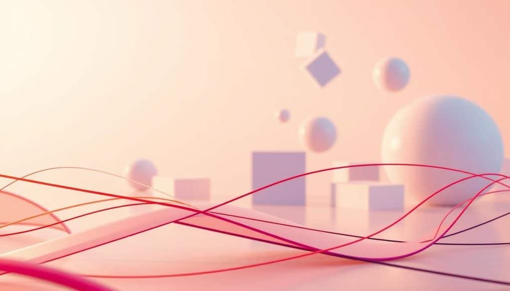 A sleek and modern motion design composition, showcasing the core principles of effective UI/UX. In the foreground, a dynamic arrangement of geometric shapes and lines in the CRES brand colors, conveying a sense of movement and energy. The middle ground features abstract 3D elements, such as floating cubes and spheres, hinting at the depth and dimensionality of motion design. The background is a softly blurred, gradient-based environment, adding depth and a sense of immersion. Warm, directional lighting from the left side casts subtle shadows, enhancing the sculptural forms. The overall mood is one of elegance, innovation, and professionalism, perfectly suited to illustrate the "Core Principles of Effective Motion Design UI UX".