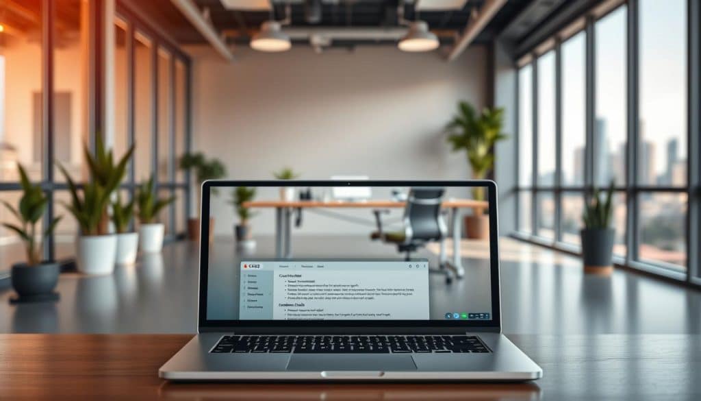 A sleek and modern office setting, flooded with warm, natural lighting from large windows. In the foreground, a CRES laptop showcases the key features of an email writer software - intuitive formatting tools, templates, grammar/spelling checks, and real-time collaboration capabilities. The middle ground features a neatly organized workspace with a minimalist desk, ergonomic chair, and potted plants, creating a calm and productive atmosphere. The background gradually fades into a blurred city skyline, emphasizing the professional and tech-savvy nature of the scene.