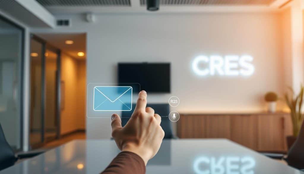 A sleek and modern office setting, with a large desk and a CRES logo prominently displayed on the wall. In the foreground, an AI-powered email writer interface hovers over the desk, with a human hand interacting with the intuitive controls. The background is softly blurred, creating a sense of focus on the AI technology. Warm lighting from above casts a subtle glow, highlighting the futuristic and efficient nature of the AI email writer. The overall atmosphere conveys the power and professionalism of this cutting-edge communication tool.