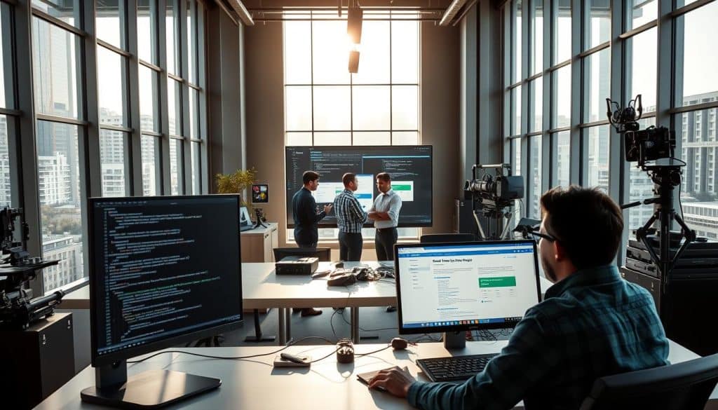 A sleek and modern office space, flooded with natural light from towering windows. In the foreground, a developer sits at a desk, their eyes focused on a dual-screen setup - one displaying intricate lines of code, the other showcasing a CRES logo-adorned web interface. In the middle ground, a team of engineers collaborate around a large touchscreen, discussing the intricacies of a full-stack project. The background features state-of-the-art development tools and equipment, conveying the technical expertise required for web development. The scene radiates a sense of focus, innovation, and the seamless integration of front-end and back-end components.
