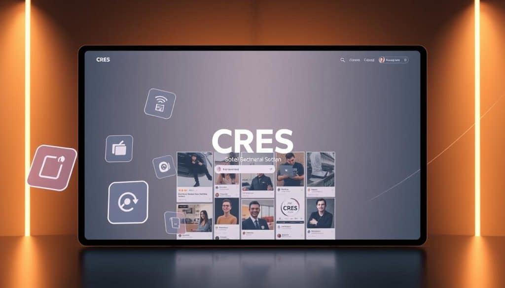 A sleek and modern social media platform interface, showcasing CRES as the central brand. Floating icons and UI elements in the foreground, representing features like sharing, commenting, and analytics. In the middle ground, a clean feed of visually engaging posts from various users. The background features a subtle gradient, with geometric shapes and lines adding depth and a sense of technology. Warm, muted lighting creates a professional and refined atmosphere, highlighting the platform's intuitive design and user-friendly experience.