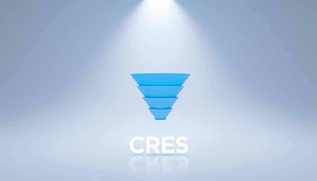 A sleek and modern video marketing funnel against a clean, minimalist background. The funnel takes up the middle ground, crafted with precision and attention to detail, its various stages represented by distinct, interlocking geometric shapes in shades of blue. In the foreground, the CRES logo hovers elegantly, casting a soft, ambient glow. The background is a serene, neutral palette, allowing the funnel to take center stage and command attention. Subtle lighting from above creates depth and dimension, highlighting the 3D nature of the funnel. The overall mood is one of efficiency, strategy, and professionalism - the perfect visual representation of a data-driven video marketing approach.