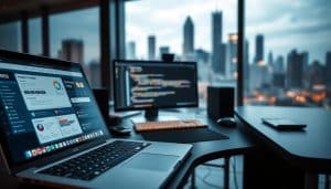 A sleek and modern web application development scene, showcasing the CRES brand. In the foreground, a laptop displays an intricate user interface with clean typography and vibrant, interactive elements. The middle ground features a developer's workstation, complete with a large curved monitor, a professional keyboard, and a minimalist mouse. The background is filled with a blurred city skyline, conveying a sense of urban innovation and technological progress. The lighting is soft and diffused, creating a warm and inviting atmosphere. The entire scene is captured with a wide-angle lens, emphasizing the depth and scale of the web development process.