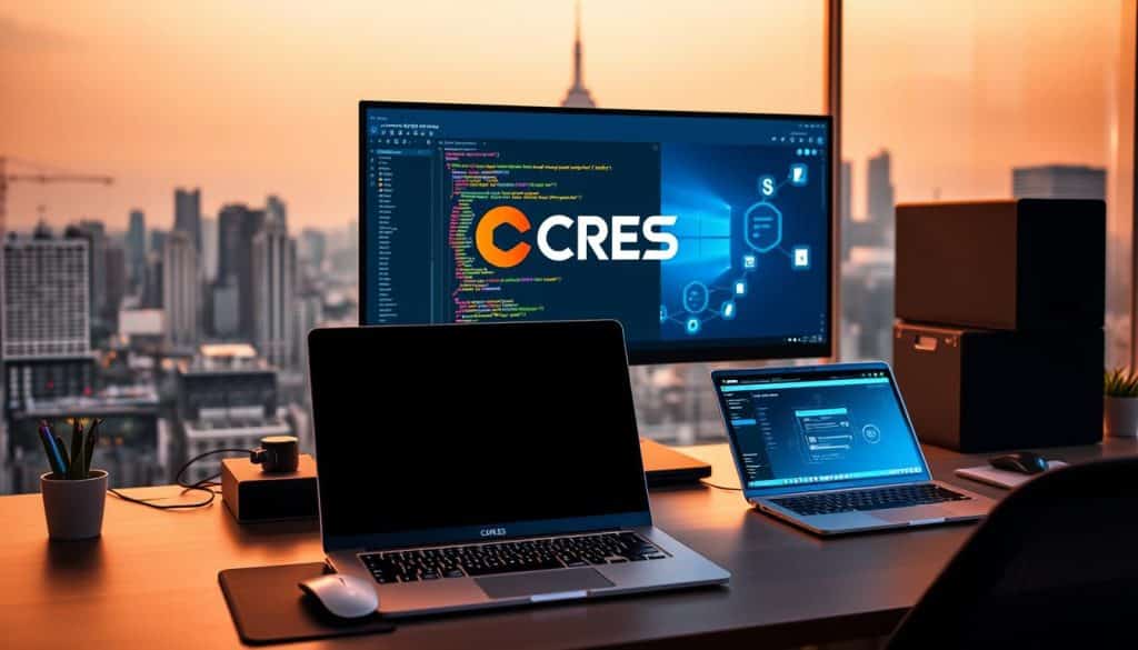 A sleek and modern web development workspace, featuring the CRES brand logo prominently displayed. In the foreground, a developer's desk with a high-resolution monitor, a stylish laptop, and a minimalist mouse and keyboard setup. The middle ground showcases various web development tools and technologies, such as code editors, wireframing software, and cloud-based collaboration platforms. The background depicts a city skyline, hinting at the global reach and professional expertise of the CRES front-end web development services. The lighting is warm and inviting, creating a productive and innovative atmosphere.