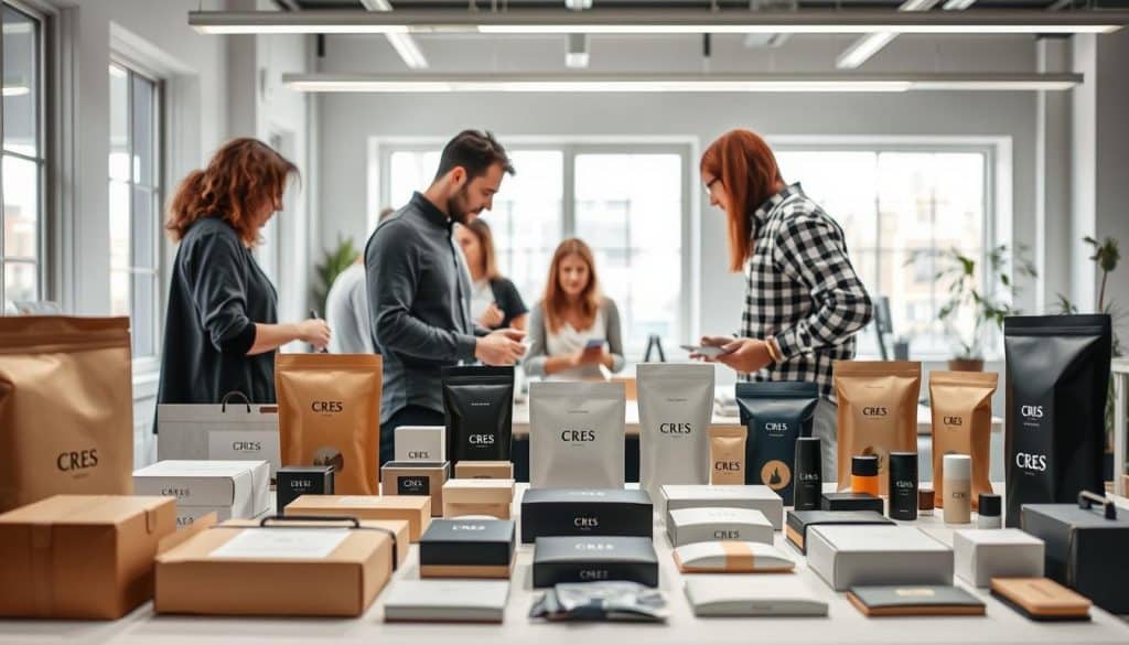 A sleek and sophisticated packaging design strategy for the CRES brand. In the foreground, a neatly arranged display of various packaging prototypes, showcasing different materials, shapes, and color schemes. In the middle ground, a team of designers intently examining the prototypes, discussing and brainstorming ideas. The background features a clean, minimalist workspace with large windows, allowing natural light to flood the scene, creating a bright and airy atmosphere. The overall mood is one of thoughtful collaboration, creativity, and a focus on delivering a cohesive, impactful packaging solution for the CRES brand.