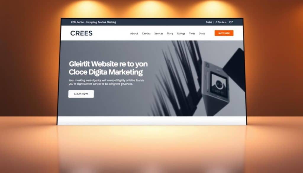 A sleek and visually-appealing digital marketing website design, featuring a modern layout with clean lines and a minimalist aesthetic. In the foreground, the CRES brand logo stands out prominently, conveyed through a sophisticated typographic treatment. The middle ground showcases a well-organized navigation menu, highlighting key service offerings and CTAs. The background features a subtle, textured pattern or gradient, creating a sense of depth and professionalism. Warm, indirect lighting illuminates the scene, casting a soft, inviting glow. The overall composition emphasizes the importance of a visually-compelling, user-friendly website in the context of effective digital marketing for business growth.