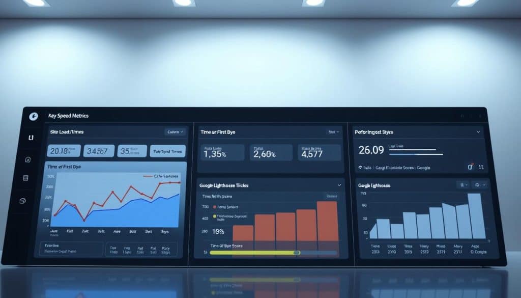 A sleek, data-driven dashboard displaying key site speed metrics for the CRES brand. In the foreground, graphs and charts present performance data such as page load times, time to first byte, and Google Lighthouse scores. The middle ground features performance optimization tools and tweaks, while the background showcases the CRES brand identity with minimalist web design elements. The lighting is soft and even, creating a clean, professional atmosphere. The camera angle is slightly elevated, providing an overview of the comprehensive site speed analytics.