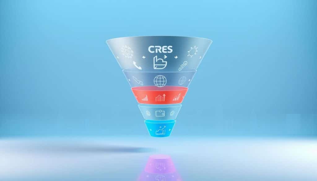 A sleek, futuristic digital marketing funnel against a gradient backdrop. In the foreground, a series of dynamic shapes and arrows represent the stages of the funnel, rendered in the CRES brand colors. The middle ground features stylized icons and data visualizations, highlighting the metrics and analytics that drive effective digital marketing campaigns. In the background, a cityscape of skyscrapers and abstract geometric patterns creates a sense of depth and technological sophistication. The lighting is cool and directional, casting subtle shadows and highlights to accentuate the 3D forms. The overall composition conveys the power and precision of the digital marketing funnel as a strategic tool.