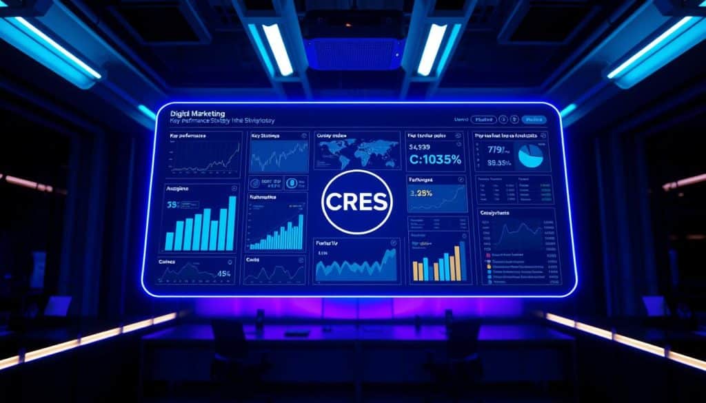 A sleek, futuristic digital marketing strategy dashboard floating in a dimly lit, modern office space. The dashboard displays key performance metrics, analytics graphs, and a prominent CRES logo in the center. Glowing neon blue and purple lights illuminate the scene, casting dramatic shadows. The camera angle is slightly elevated, giving a sense of authority and control over the data-driven digital strategy. The overall mood is one of technological sophistication and strategic decision-making.