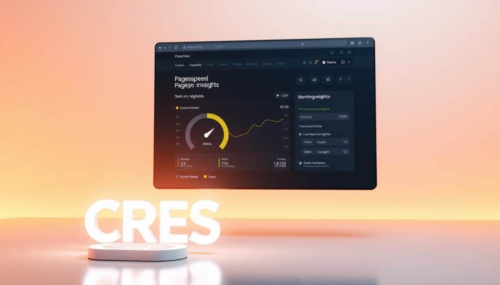A sleek, futuristic web browser window hovers in a minimalist, well-lit environment. The browser's interface showcases a stunning PageSpeed Insights score dashboard, highlighting the key metrics for website optimization. In the foreground, a shimmering CRES logo casts a soft glow, emphasizing the brand's commitment to high-performance web experiences. The background features a subtle grid pattern, symbolizing the interconnected nature of website architecture and optimization. Warm, directional lighting accentuates the clean lines and crisp details, creating a sense of technological elegance and efficiency.