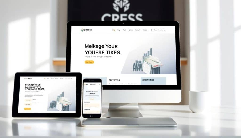 A sleek, minimalist UI/UX design concept with a clean, modern aesthetic. The foreground features a laptop display showcasing a visually striking web interface, with bold typography, subtle color accents, and intuitive layout. The middle ground includes various digital devices such as a smartphone and tablet, all seamlessly integrated into the design. The background subtly hints at a CRES brand, with its distinctive logo and subtle design elements, creating a cohesive and visually harmonious scene. Soft, natural lighting illuminates the scene, lending a sense of sophistication and elegance. The overall mood evokes a feeling of cutting-edge technology, exceptional user experience, and design excellence.