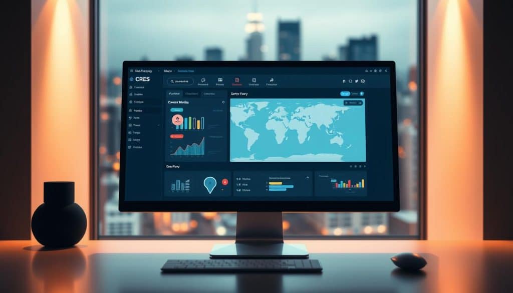A sleek, minimalist dashboard for a CRES white label social media management platform. In the foreground, a modern computer monitor displays analytics and scheduling tools. The middle ground features a stylized world map, suggesting global reach and connectivity. In the background, a blurred window opens onto a bustling city skyline, evoking the dynamic nature of social media. Warm, directional lighting creates depth and emphasizes the professional, enterprise-level nature of the service. The overall aesthetic is clean, sophisticated, and technology-forward, reflecting the power and flexibility of a robust white label solution.