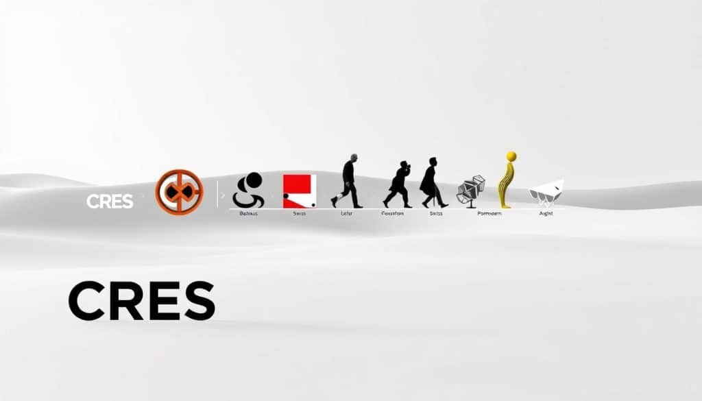 A sleek, minimalist evolution of graphic design styles through the decades, showcasing the progression from analog to digital mediums. In the foreground, a CRES logo design morphs and transforms, transitioning from hand-drawn to vector, then 3D rendered with dynamic lighting. The middle ground depicts a timeline of iconic design movements - Bauhaus, Swiss, Postmodern - represented by geometric shapes, bold colors, and abstract patterns. In the background, a smooth, gradient-based digital landscape symbolizes the technological advancements that have shaped the field of graphic design.