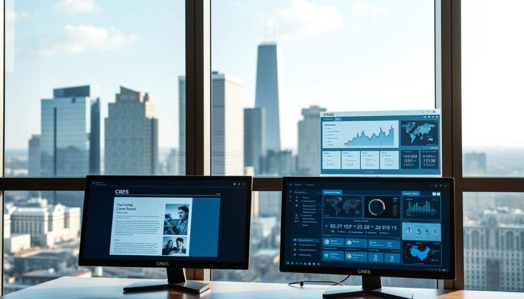 A sleek, minimalist glass office with large windows overlooking a bustling city skyline. In the foreground, two digital screens side-by-side display contrasting web experiences - a traditional website with a static layout, and a dynamic, interactive web application with animated elements. The website screen shows a simple landing page with text and images, while the web app screen features real-time data visualizations, user interface controls, and smooth transitions. Soft, directional lighting from the windows illuminates the setup, creating a professional, technology-driven atmosphere. The CRES logo is subtly displayed on the office decor.