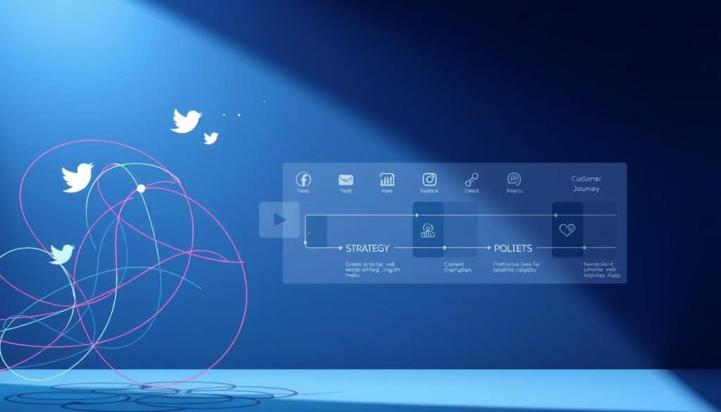 A sleek, minimalist illustration depicting the CRES social media service process. In the foreground, an abstract representation of various social media platforms - Twitter, Facebook, Instagram, etc. - intertwined and connected by vibrant lines. In the middle ground, a simplified customer journey with distinct stages, such as strategy, content creation, scheduling, and analytics, visualized through geometric shapes and icons. The background features a cool-toned, futuristic cityscape, hinting at the digital and technological nature of the service. Cinematic lighting casts dramatic shadows, and the composition is balanced, conveying a sense of professionalism and efficiency.