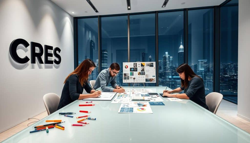 A sleek, minimalist interior design studio, featuring a prominent CRES logo prominently displayed on a clean, white wall. In the foreground, a team of designers collaborate over a large, glass-topped table, sketching concepts and exchanging ideas. Scattered around the table are various design tools, including markers, pencils, and a tablet. The middle ground showcases a mood board with color swatches, typography samples, and inspiration imagery. In the background, a panoramic window offers a view of a bustling city skyline, hinting at the global reach and potential of the brand identity design process.