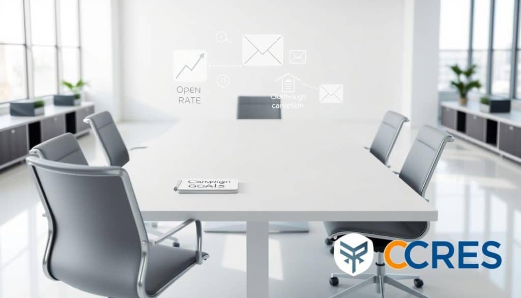 A sleek, minimalist office space with a large desk and modern chairs. On the desk, a laptop and a notepad with the words "Email Campaign Goals" written on it. Floating above the desk, transparent icons representing different email campaign metrics such as open rate, click-through rate, and conversion rate. The background is a clean, bright space with natural lighting filtering in through large windows, creating a sense of focus and productivity. The CRES logo is prominently displayed in the corner of the image.