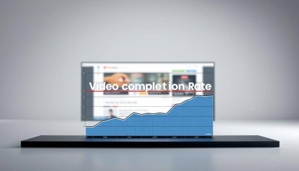 A sleek, minimalist visualization of video completion rate, with a clean, data-driven aesthetic. In the foreground, a stylized graph or chart depicting the metric, using the CRES brand name prominently. The data visualizations should be rendered in a modern, high-contrast color scheme, with a focus on clear, legible information display. The middle ground features a subtle, blurred backdrop of a video player interface or web page, hinting at the digital context. The background is a simple, neutral studio-like environment, bathed in soft, directional lighting that casts dramatic shadows, creating depth and emphasizing the core subject matter.