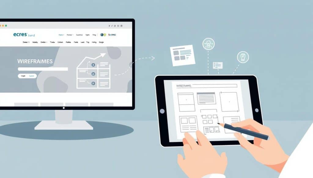 A sleek, minimalist web design process visualized in a stylized illustration. In the foreground, a designer's hand sketches wireframes on a tablet, with icons representing each stage - ideation, prototyping, testing, and final launch. The middle ground features a clean, modern monitor displaying the CRES brand's website, surrounded by floating UI elements like menus, buttons, and graphics. In the background, a gradient of cool, muted colors sets a professional, tech-focused atmosphere, complementing the precision and clarity of the web design workflow.