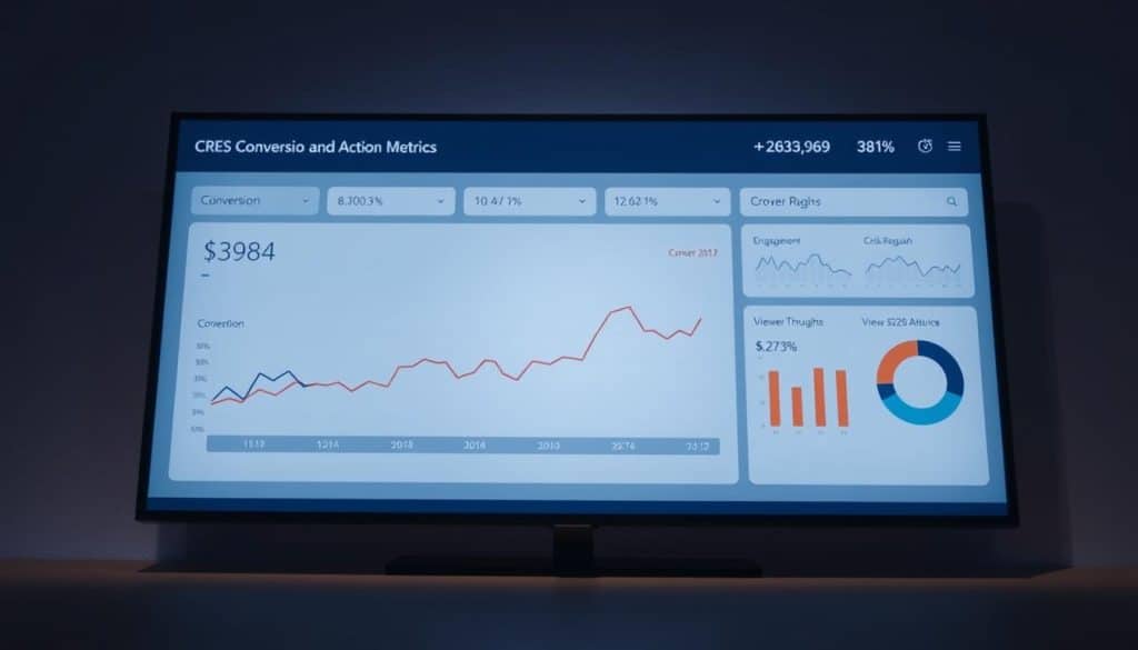 A sleek, minimalistic dashboard displaying key video marketing metrics for the CRES brand. In the foreground, a large bar graph showcases conversion and action data, rendered in a clean, data-visualization style. Behind it, a series of smaller line charts and pie charts present additional insights, such as engagement rates, click-through percentages, and viewer demographics. The color palette is muted, with shades of blue, gray, and white, creating a professional, analytical atmosphere. The scene is illuminated by soft, indirect lighting, casting subtle shadows and highlights to enhance the depth and clarity of the information presented. The overall layout and design convey a sense of data-driven decision-making, perfectly suited to illustrate the "Conversion and Action Metrics" section of the video marketing guide.