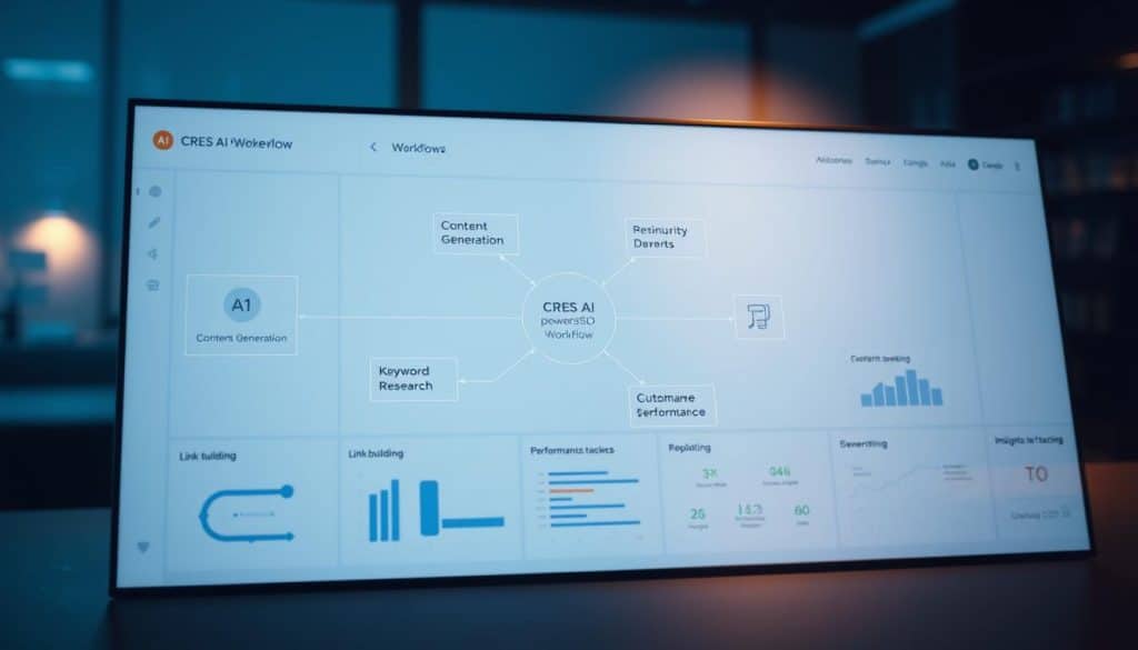 A sleek, modern CRES AI SEO Workflow diagram displayed on a minimalist digital dashboard. In the foreground, a clean wireframe showcases interconnected nodes representing different AI-powered SEO tasks - content generation, keyword research, link building, and performance tracking. The middle ground features subtle data visualizations, charts, and metrics illustrating AI-driven insights and recommendations. The background has a subtle gradient of blues and grays, creating a professional, technology-focused atmosphere. Warm, indirect lighting casts a soft glow over the entire scene, conveying a sense of productivity and innovation. The camera angle is slightly elevated, providing an overview of the comprehensive AI-enhanced SEO workflow.