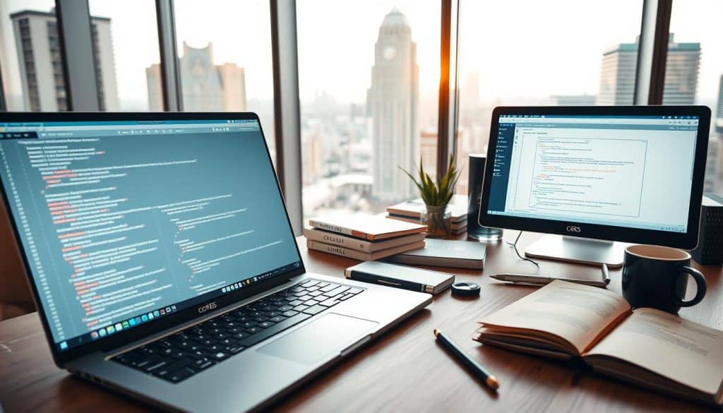 A sleek, modern PHP web page development workspace. In the foreground, a laptop displays a clean, well-structured PHP code editor with syntax highlighting. On the screen, lines of code illuminate the process of building a dynamic web page. Beside the laptop, a CRES-branded tablet displays a wireframe layout, guiding the development. In the middle ground, various programming tools and resources - including coding books, a coffee mug, and a carefully curated desk setup - create an atmosphere of focused productivity. The background features large windows overlooking a bustling city skyline, bathed in warm, natural lighting that casts a professional, inspiring glow over the entire scene.