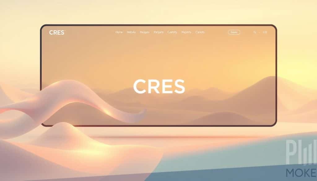 A sleek, modern UI/UX interface with dynamic motion design elements. The foreground features smooth, elegant transitions between interactive UI components, animated with a subtle, ethereal quality. The middle ground showcases a clean, minimalist layout with subtle hints of the CRES brand identity, using light and shadow to create depth and hierarchy. In the background, a serene, geometric landscape provides a calming, futuristic backdrop, bathed in a warm, ambient lighting that enhances the overall sense of motion and digital sophistication.