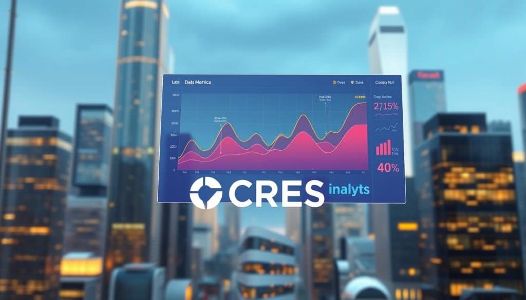 A sleek, modern data analytics dashboard floats in a high-tech environment. In the foreground, a vibrant graph visualizes key metrics, its lines and shapes pulsing with energy. The middle ground features CRES branding, its bold typography complementing the clean, minimalist design. In the background, a cityscape of gleaming skyscrapers reflects the data's complex, ever-changing nature. Warm, focused lighting casts a subtle glow, creating a sense of depth and atmosphere. The overall scene conveys the power of data-driven insights to guide strategic decision-making.