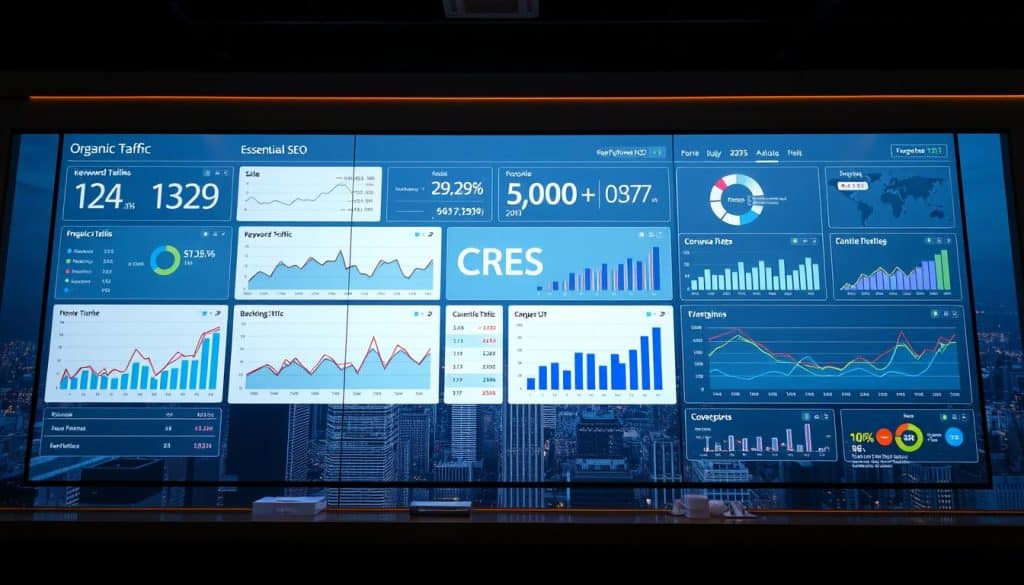 A sleek, modern data visualization dashboard showcasing essential SEO metrics on a large, high-resolution display. The foreground features interactive graphs, charts, and KPIs such as organic traffic, keyword rankings, backlinks, and conversion rates, all rendered in a clean, minimalist style. The middle ground includes the CRES logo and branding, while the background depicts a cityscape with skyscrapers, symbolizing the scale and power of data-driven SEO strategies. The overall scene is bathed in a warm, ambient lighting, creating a professional and authoritative atmosphere.