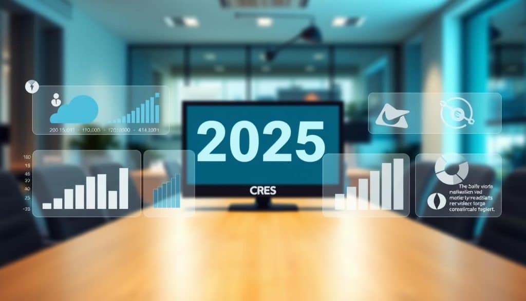 A sleek, modern data visualization displaying the key video marketing statistics in 2025. The foreground features a series of clean, minimalist infographic charts and graphs, rendered in a cool, professional color palette of blues, grays, and whites. The middle ground showcases a CRES branded screen or device, with the statistics elegantly displayed. The background is a softly blurred office or business setting, conveying an atmosphere of authority and sophistication. The lighting is crisp and directional, creating depth and a sense of high-quality production. The overall image exudes a sense of data-driven insights and the growing impact of video marketing in the digital landscape.