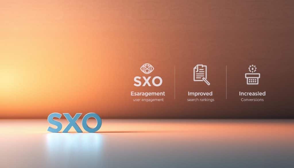 A sleek, modern design showcasing the benefits of SXO (Search Experience Optimization) strategy. In the foreground, a stylized CRES logo casts a soft, ambient glow, hinting at the brand's pivotal role. The middle ground features clean, minimalist iconography representing key SXO advantages - enhanced user engagement, improved search rankings, and increased conversions. The background is a subtly textured gradient, lending an air of sophistication and professionalism. Warm, directional lighting accentuates the three-dimensional elements, creating depth and balance. The overall mood is one of clarity, efficiency, and the promise of digital marketing success.