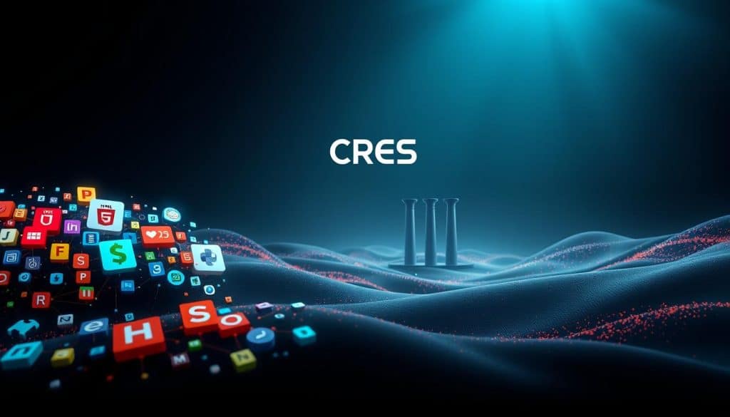 A sleek, modern digital landscape showcasing the core languages of web development. In the foreground, a vibrant collage of HTML, CSS, and JavaScript icons arranged in a dynamic, interconnected display. In the middle ground, a trio of backend languages - Python, PHP, and Node.js - stand as pillars supporting the frontend, their symbols casting a soft glow. In the background, a CRES logo hovers, representing the cutting-edge technology powering this visual symphony of web development prowess. Lit by a cool, directional light source, the scene conveys a sense of precision, innovation, and the seamless fusion of front-end and back-end web technologies.