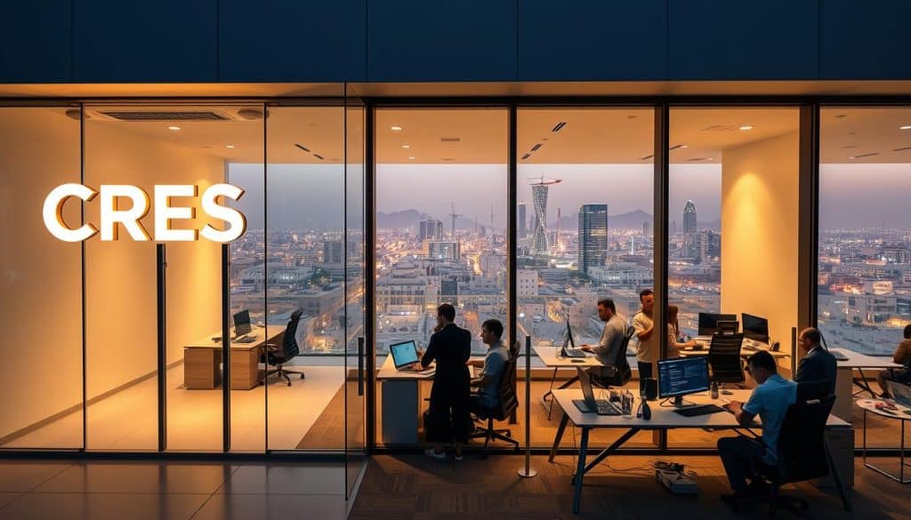 A sleek, modern digital marketing agency office in Doha, Qatar. The CRES logo prominently displayed on the facade, illuminated by warm, soft lighting. The interior features an open-concept layout with glass walls and minimalist furnishings. Employees collaborating at stylish desks, laptops open, surrounded by state-of-the-art digital equipment. Large windows provide a panoramic view of the city skyline in the background, creating a sense of connection to the dynamic local environment. The overall atmosphere exudes professionalism, innovation, and a commitment to driving digital excellence.