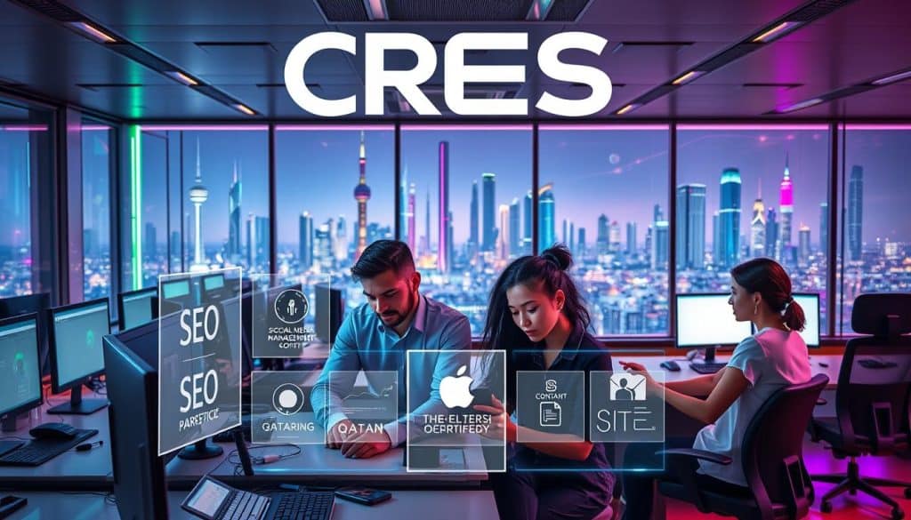 A sleek, modern digital marketing agency with the brand name "CRES" prominently displayed. The agency's workspace is filled with state-of-the-art computers, ergonomic workstations, and vibrant neon accents. In the foreground, a group of young, diverse marketing professionals collaborate on a cutting-edge campaign, their faces determined and focused. The middle ground showcases the agency's core services, including SEO, social media management, and content creation, all displayed on holographic screens. The background features a panoramic view of the Qatari skyline, with towering skyscrapers and a bustling metropolis, reflecting the agency's position as a premier digital marketing expert in the region.